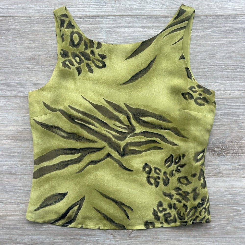 SANDRA KING Size 4P Silk Green Leopard Print Tank Lined Basic 90s Y2K